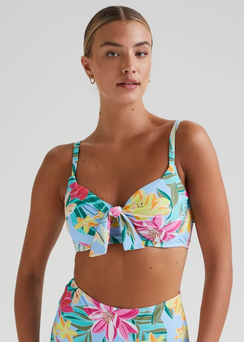 DD+ Multicoloured Tropical Floral Tie Front Bikini Top - 32DD Image 1