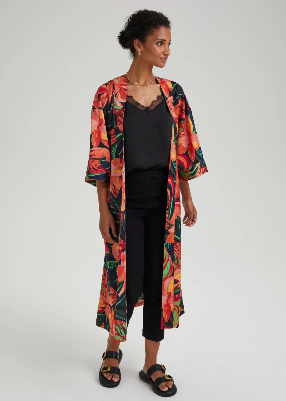 Et Vous Black Tropical Floral Satin Maxi Kimono - Small Image 1