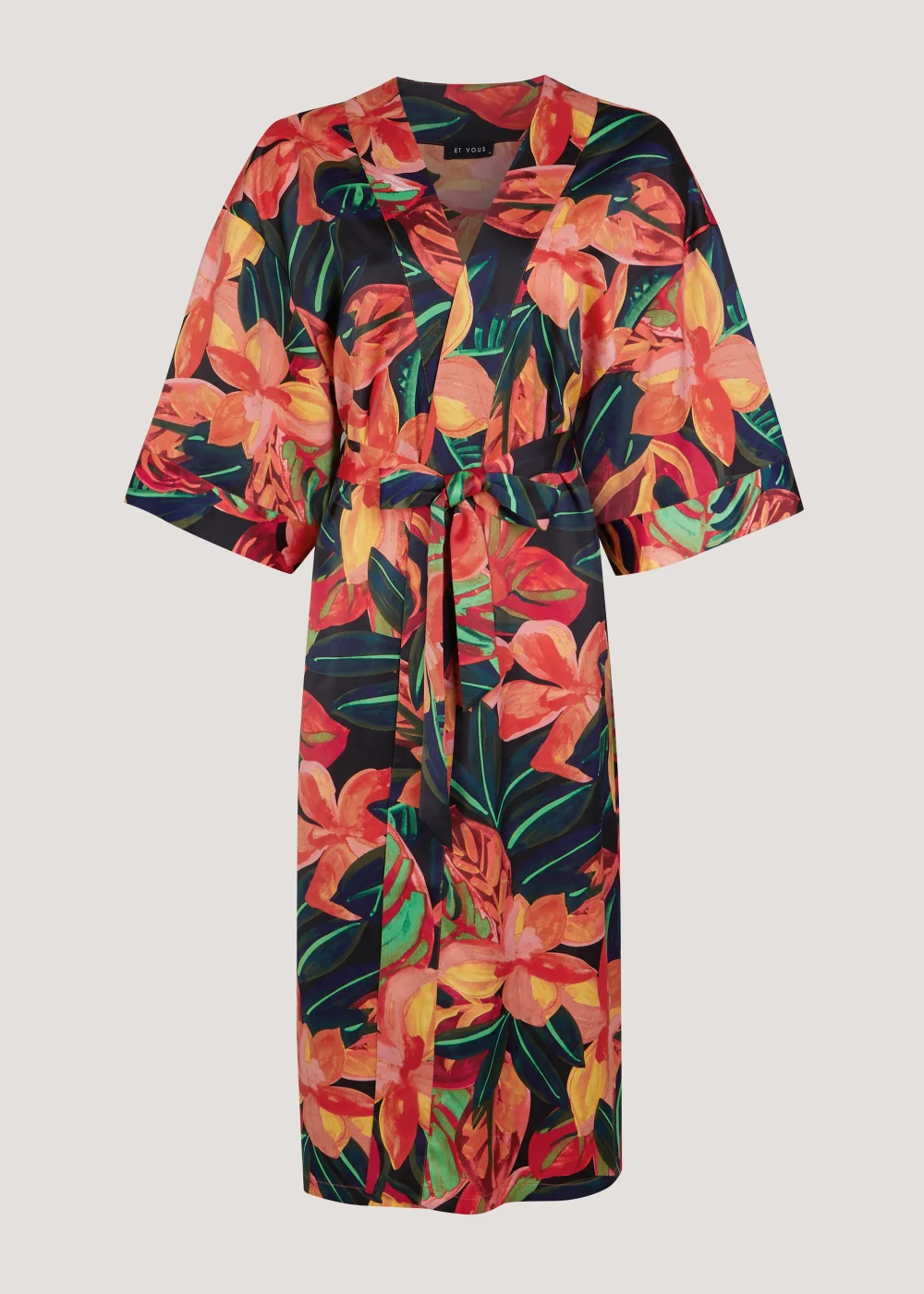 Et Vous Black Tropical Floral Satin Maxi Kimono - Small Image 5
