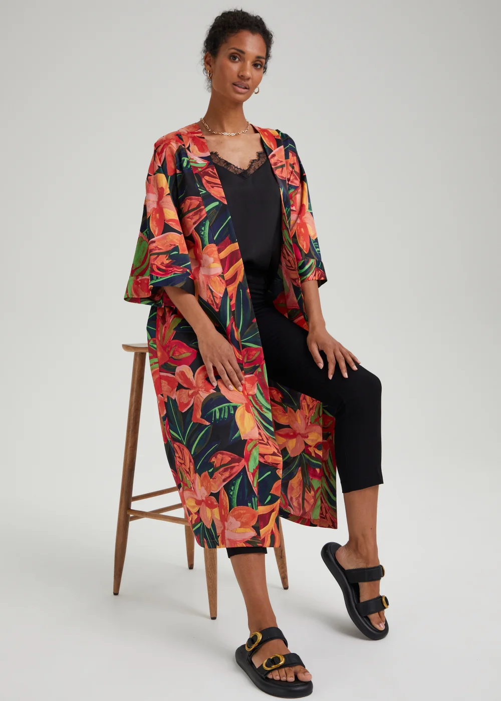 Et Vous Black Tropical Floral Satin Maxi Kimono - Small Image 4