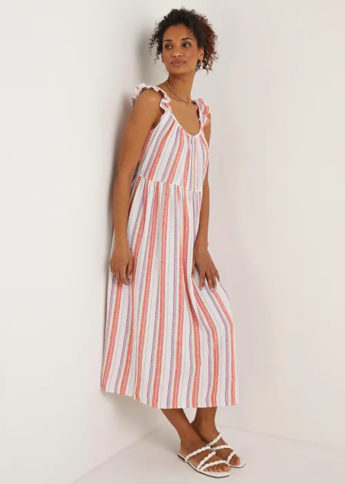 Multicoloured Stripe Linen Blend Frill Midi Cami Dress - 8 Image 4