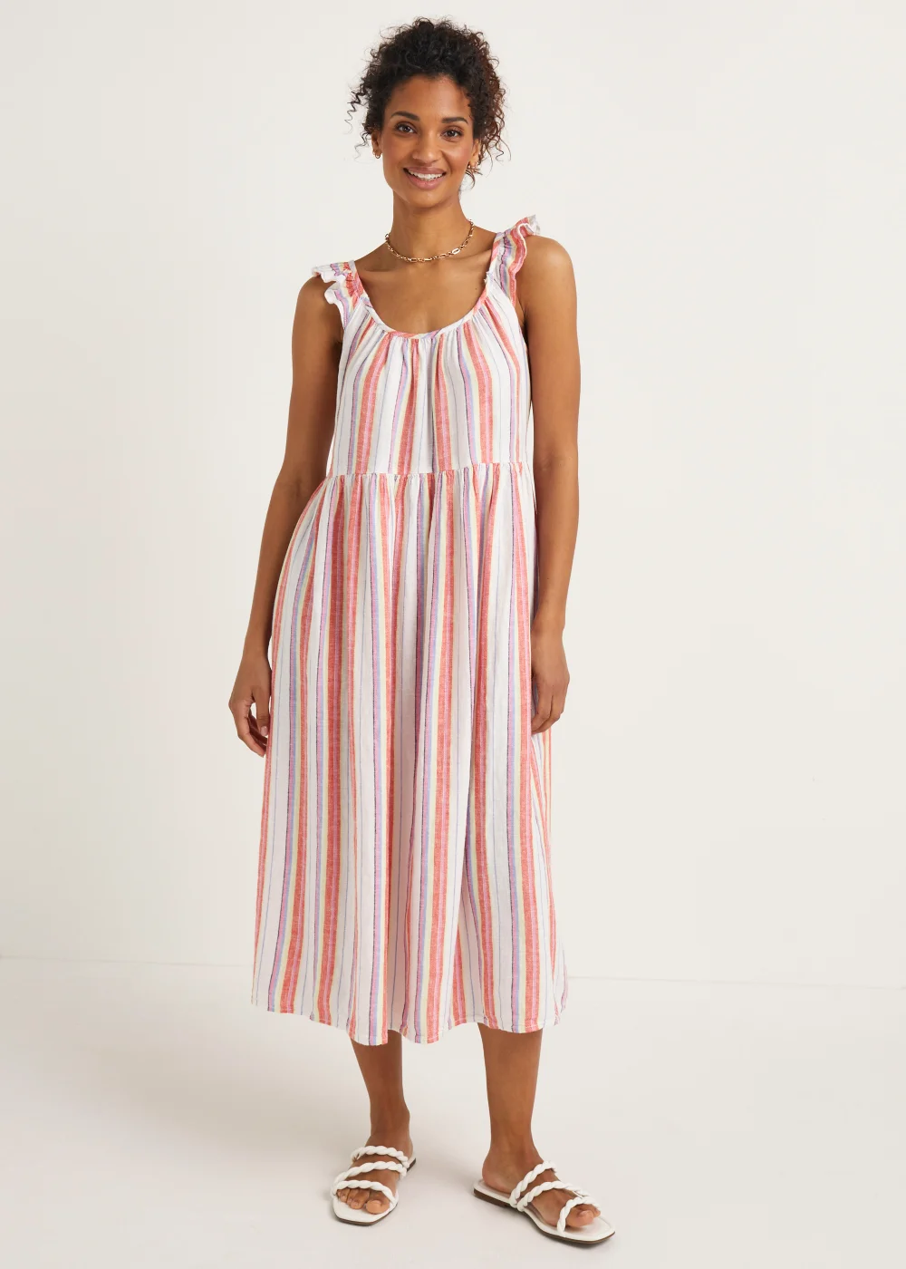 Multicoloured Stripe Linen Blend Frill Midi Cami Dress - 8 Image 1