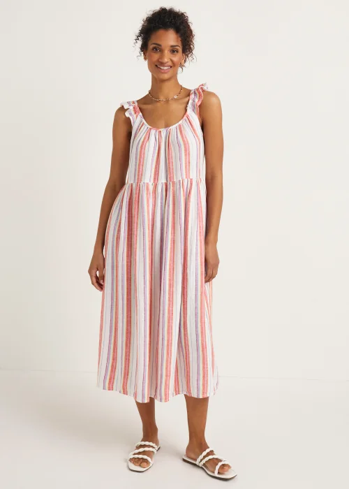 Multicoloured Stripe Linen Blend Frill Midi Cami Dress - 8 Image 1
