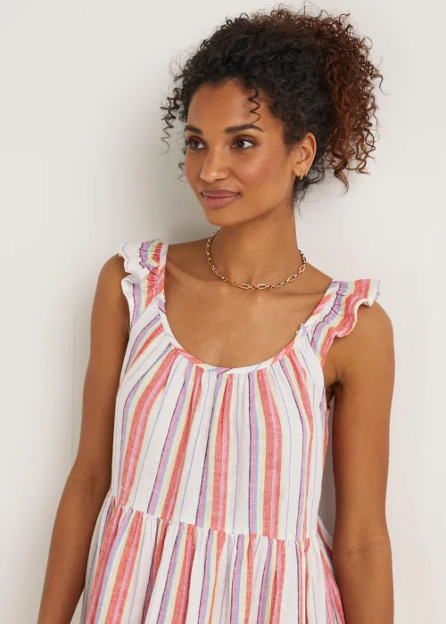 Multicoloured Stripe Linen Blend Frill Midi Cami Dress - 8 Image 3