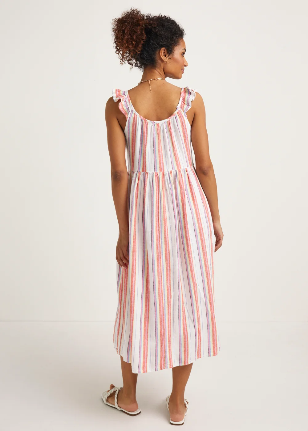 Multicoloured Stripe Linen Blend Frill Midi Cami Dress - 8 Image 2