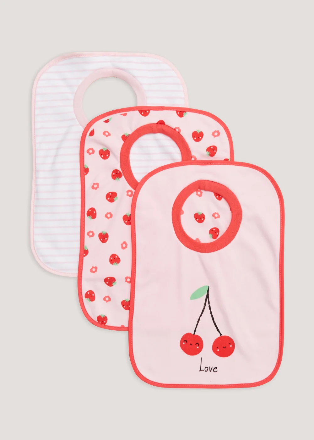 3 Pack Pink Fruit & Stripe Jersey Bibs - One Size Image 1