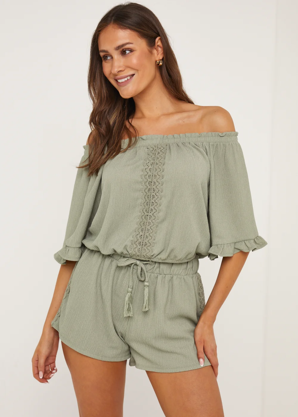 Khaki Lace Co-Ord Shorts - 8 Image 1