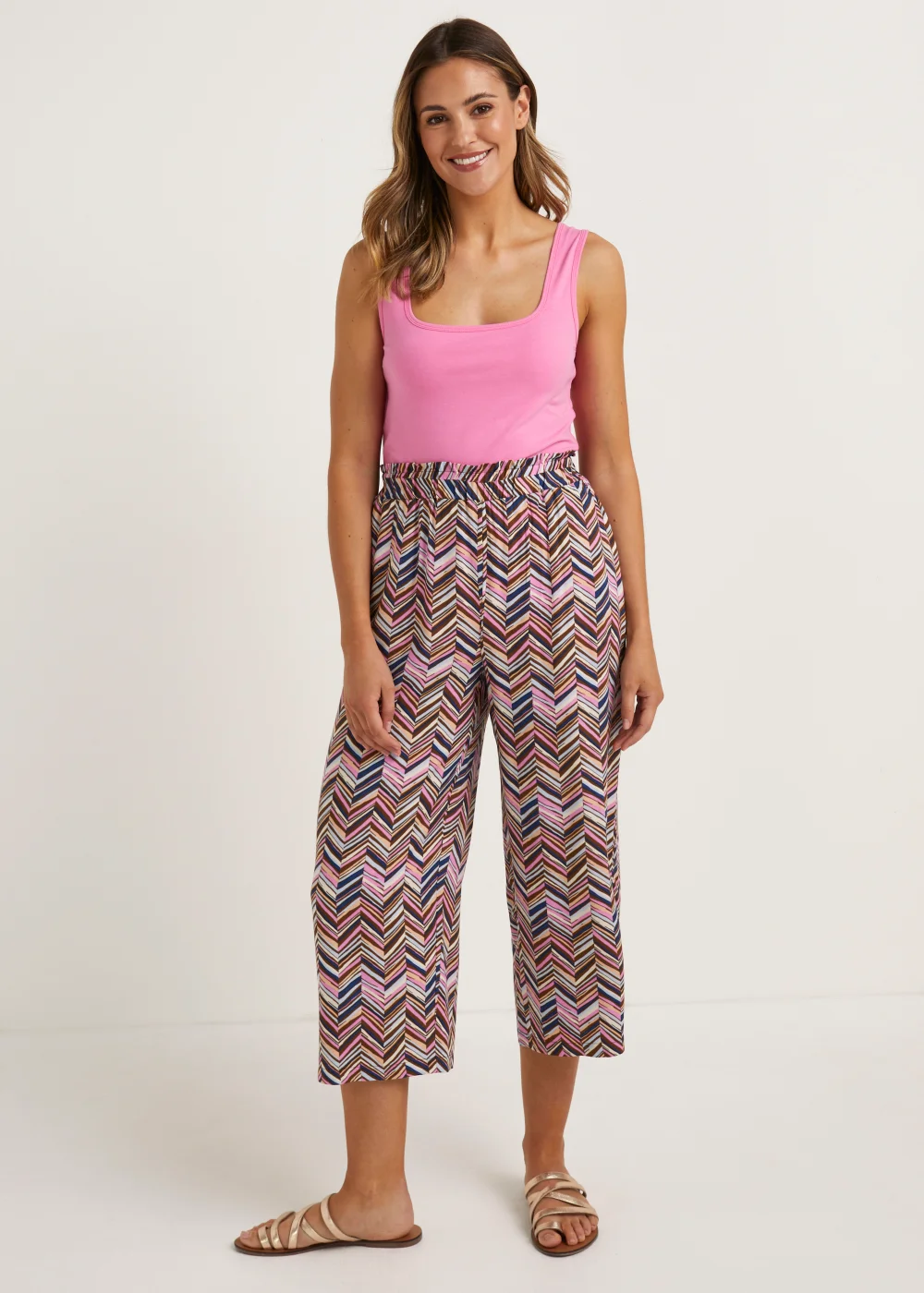 Multicoloured Zigzag Wide Leg Cropped Trousers - Size 8 Image 1