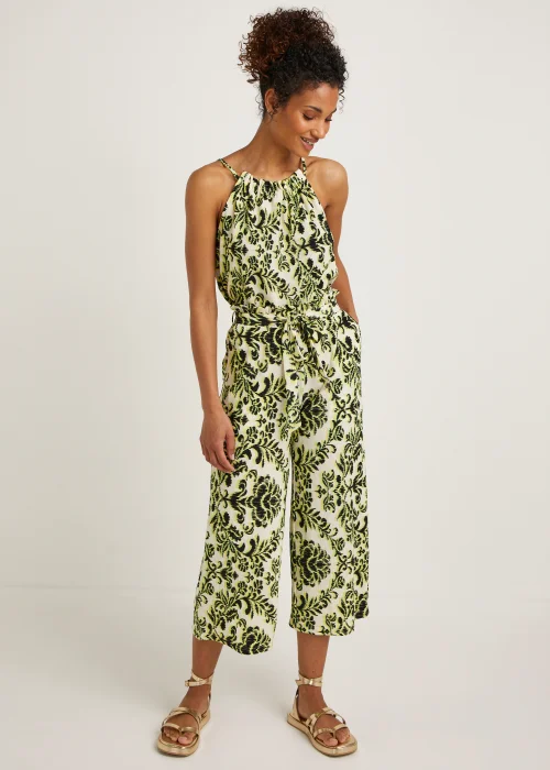 Lime Print Plisse Cropped Trousers - Size 8 Image 1