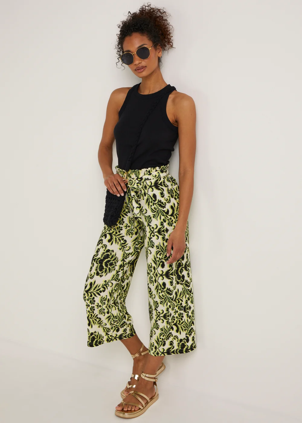 Lime Print Plisse Cropped Trousers - Size 8 Image 4