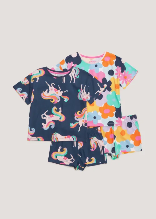 Girls 2 Pack Unicorn Short Pyjama Sets (4-13yrs) - Age 4 Years Image 1