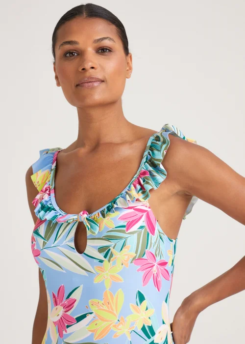 Blue Tropical Floral Frill Swimming Costume - Size 6 Image 3