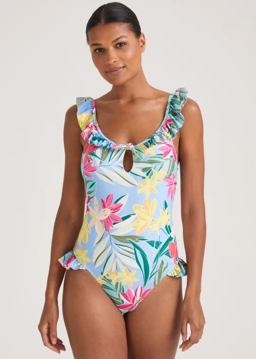 Blue Tropical Floral Frill Swimming Costume - Size 6 Image 1
