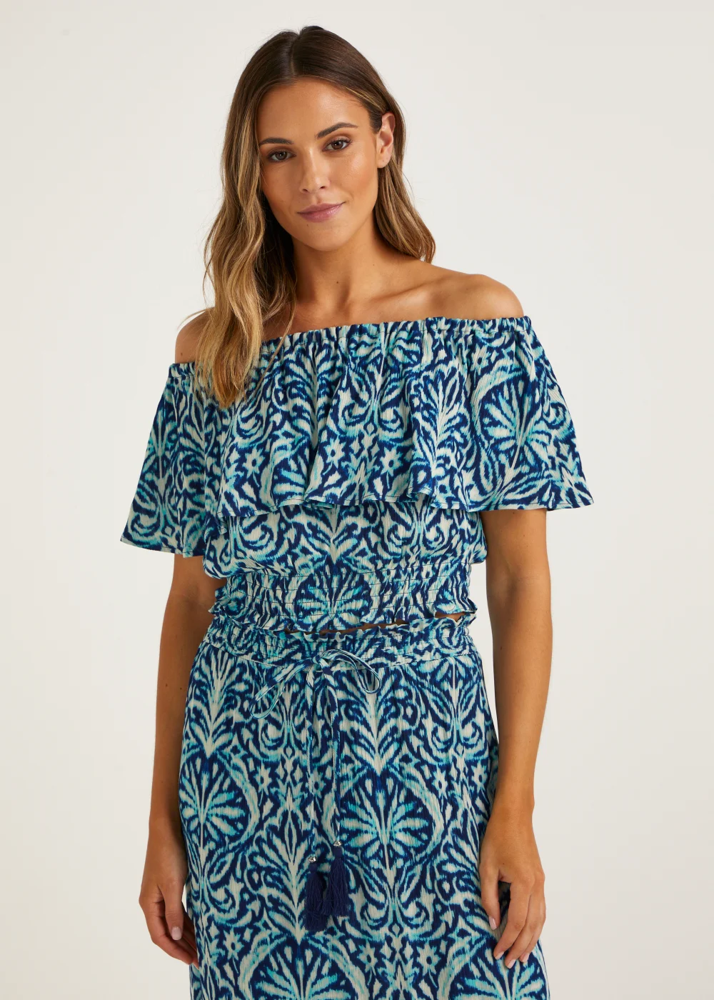 Blue Damask Bardot Co-Ord Crop Top - Size 8 Image 1