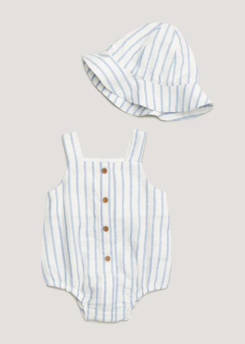 Baby Blue Stripe Romper & Sun Hat Set (Newborn-18mths) - Newborn Image 1