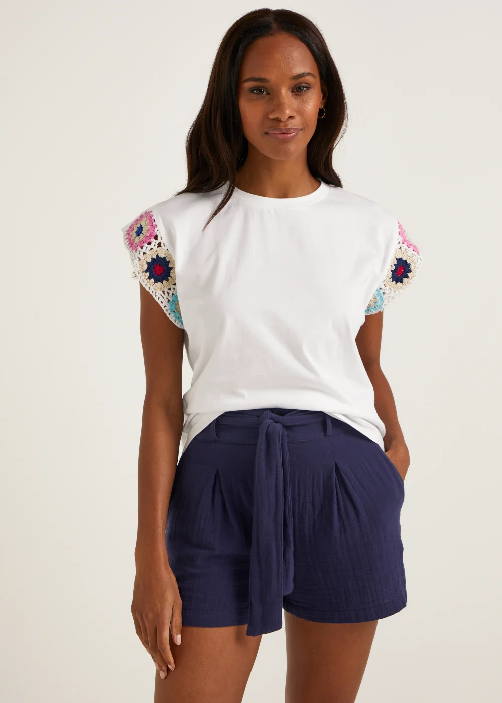 White Crochet Sleeve T-Shirt - 8 Image 1