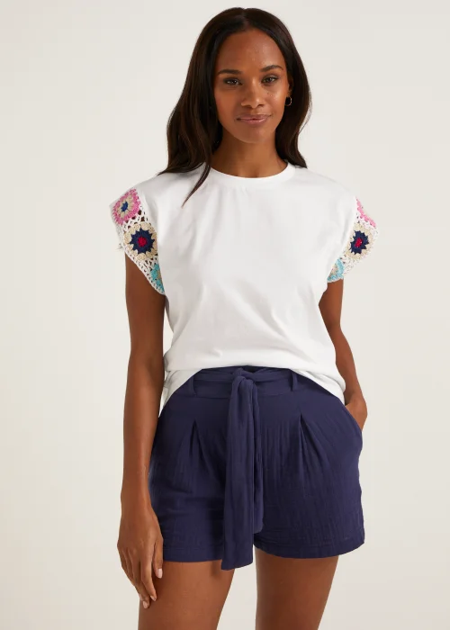 White Crochet Sleeve T-Shirt - 8 Image 1