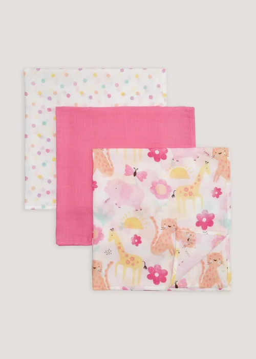 3 Pack Pink Safari Muslin Cloths (71cm x 71cm) - One Size Image 1