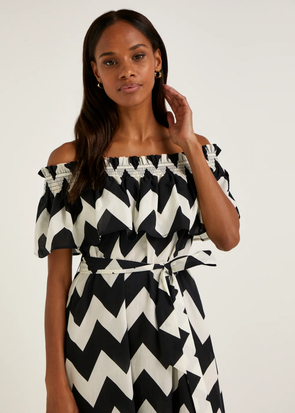 Black & White Chevron Cotton Bardot Midaxi Dress - Size 8 Image 3