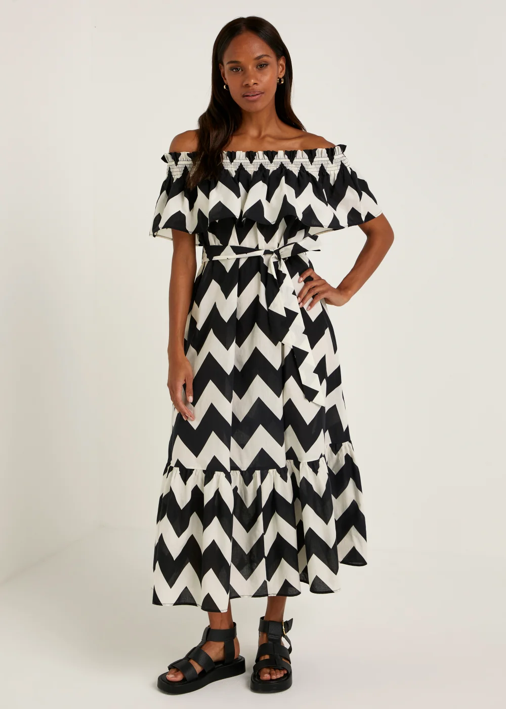 Black & White Chevron Cotton Bardot Midaxi Dress - Size 8 Image 1