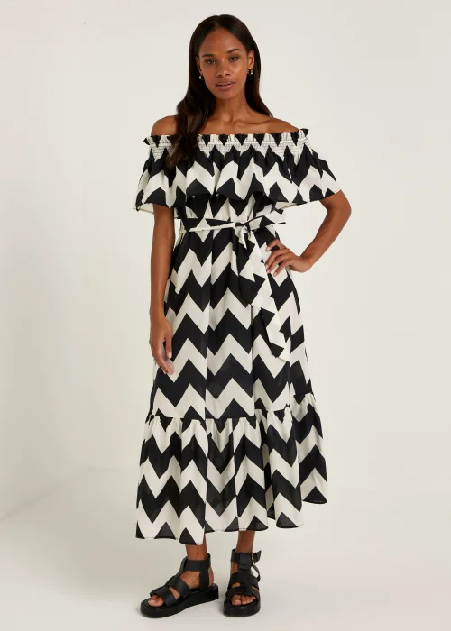 Black & White Chevron Cotton Bardot Midaxi Dress - Size 8 Image 1