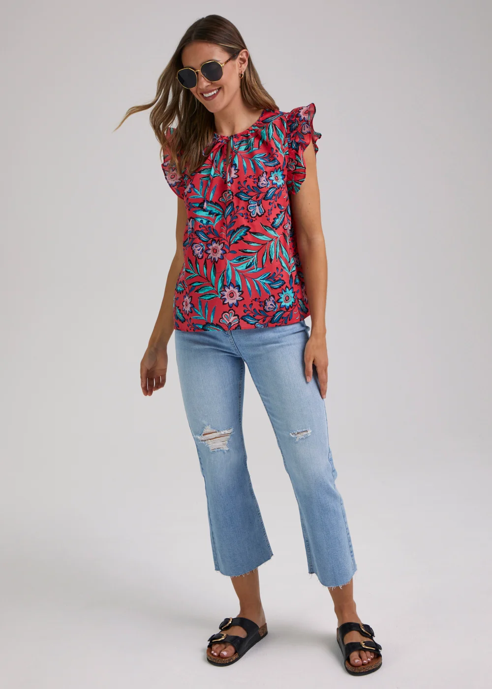 Red Leaf Print Frill Top - Size 8 Image 4