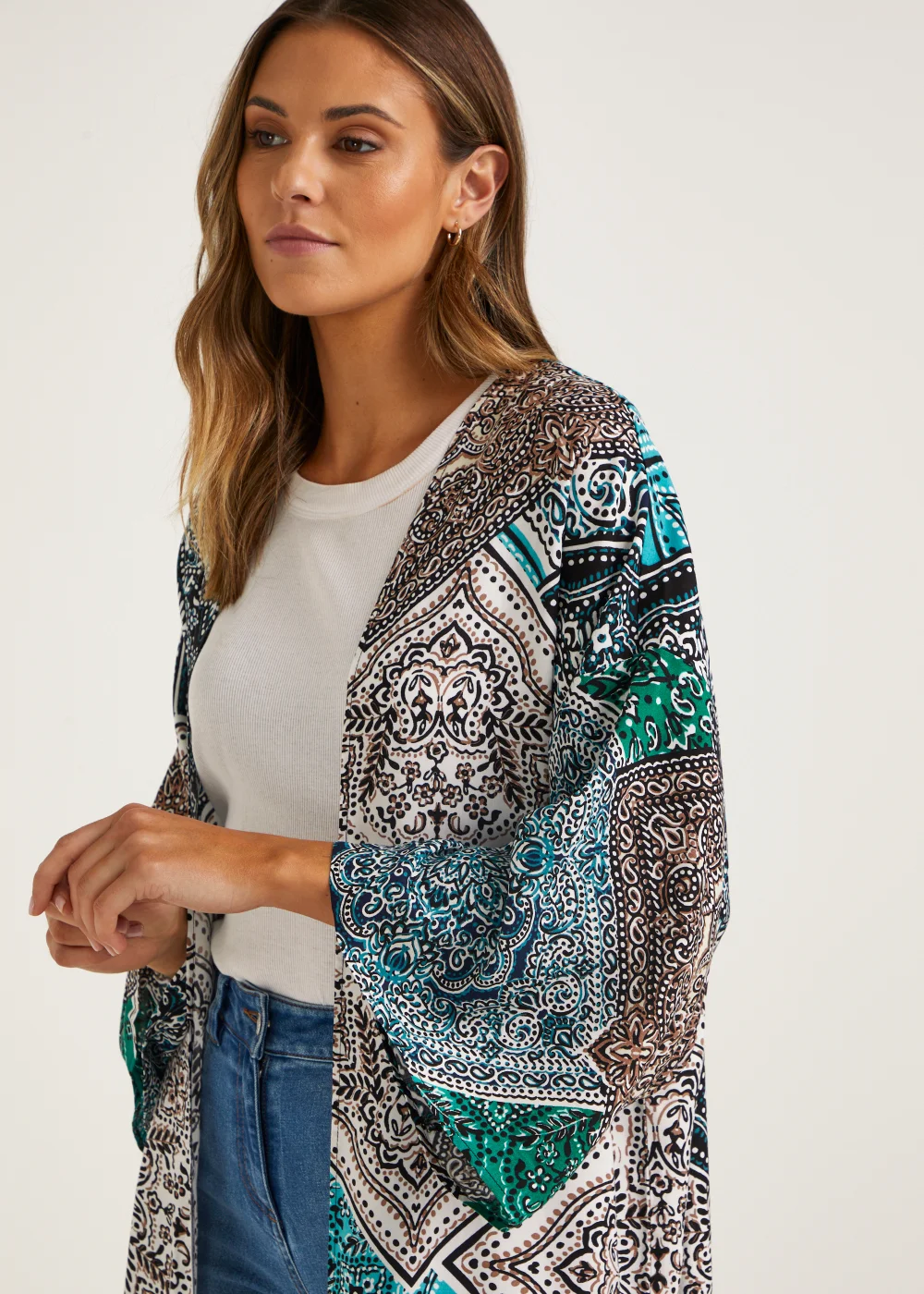 Multicoloured Scarf Print Midi Kimono - Small Image 3