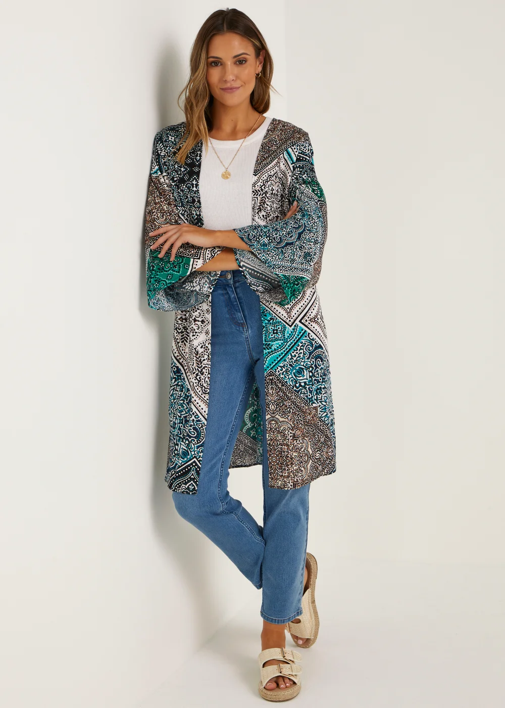 Multicoloured Scarf Print Midi Kimono - Small Image 4