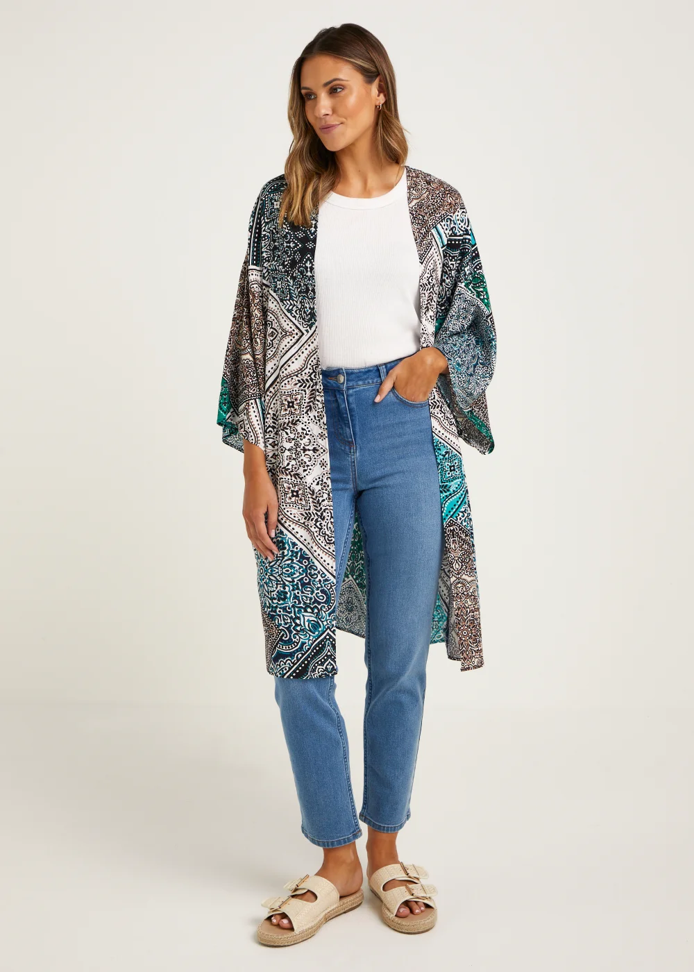 Multicoloured Scarf Print Midi Kimono - Small Image 1