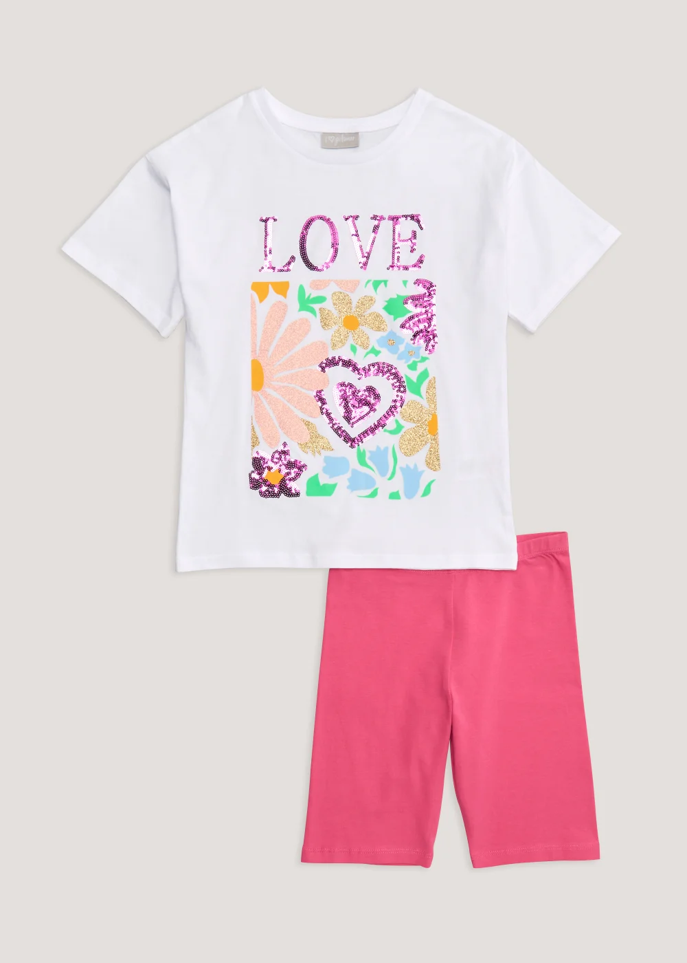 Girls White Sequin Love T-Shirt & Cycling Shorts Set (4-13yrs) - Age 4 Years Image 1