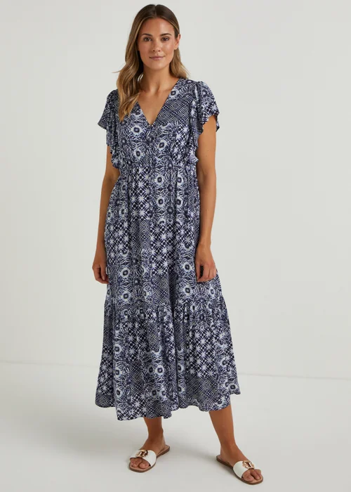 Papaya Petite Navy Tile Print Crinkle Midi Dress - 6 Image 1
