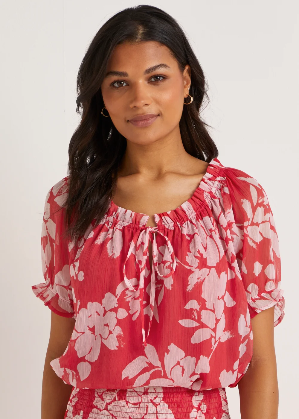 JDY Summer Red Print Short Sleeve Co-Ord Top - S - UK 8 Image 1