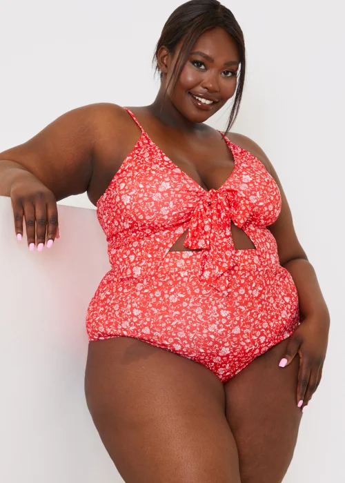 In the Style Jac Jossa Red Floral Tie Front Cut Out Swimsuit - Size 8 Image 7