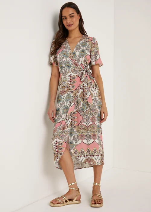 Multicoloured Scarf Print Wrap Midi Dress - 8 Image 1