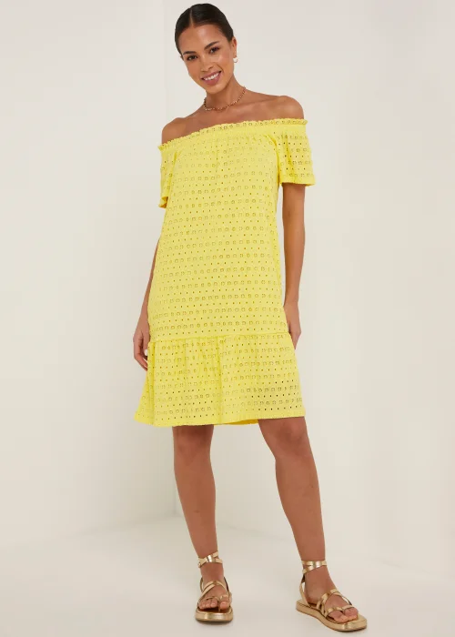 Yellow Textured Bardot Jersey Mini Dress - 8 Image 4