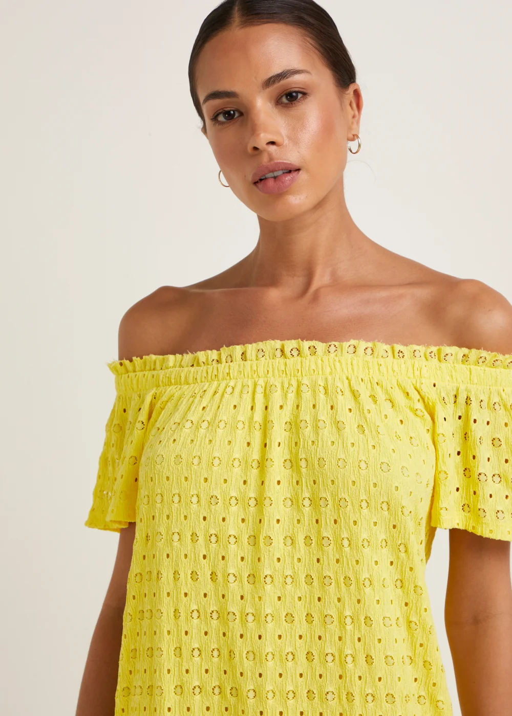Yellow Textured Bardot Jersey Mini Dress - 8 Image 3