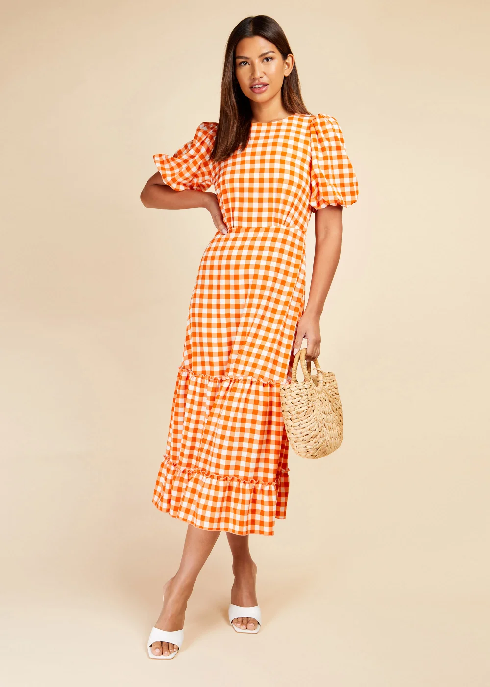 Little Mistress Orange Gingham Tiered Midi Dress - 8 Image 1