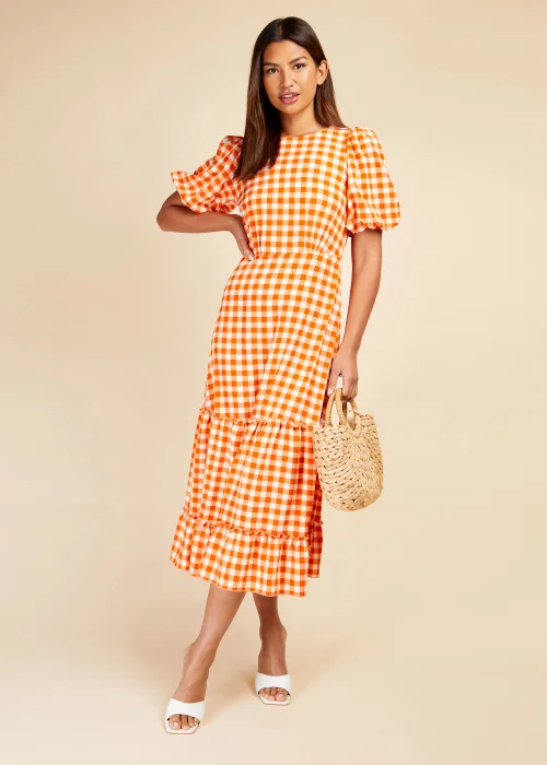 Little Mistress Orange Gingham Tiered Midi Dress - 8 Image 1