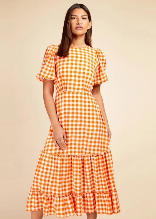 Little Mistress Orange Gingham Tiered Midi Dress - 8 Image 4