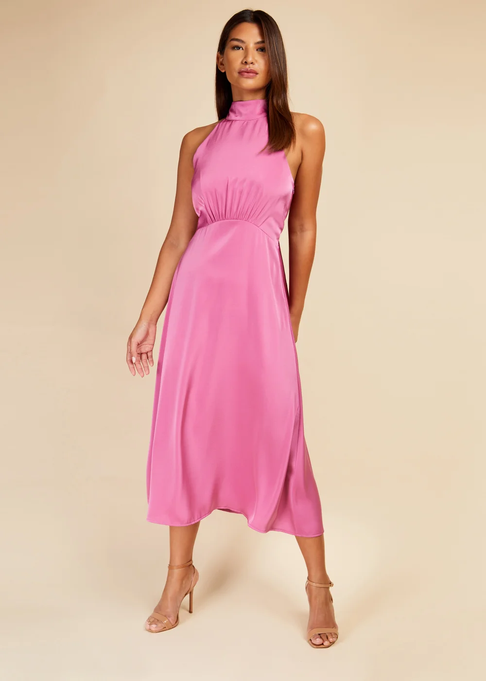 Little Mistress Pink Satin Halter Tie Midaxi Dress - Size 8 Image 1