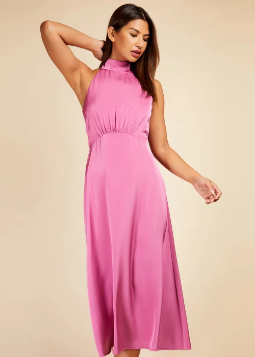 Little Mistress Pink Satin Halter Tie Midaxi Dress - Size 8 Image 4
