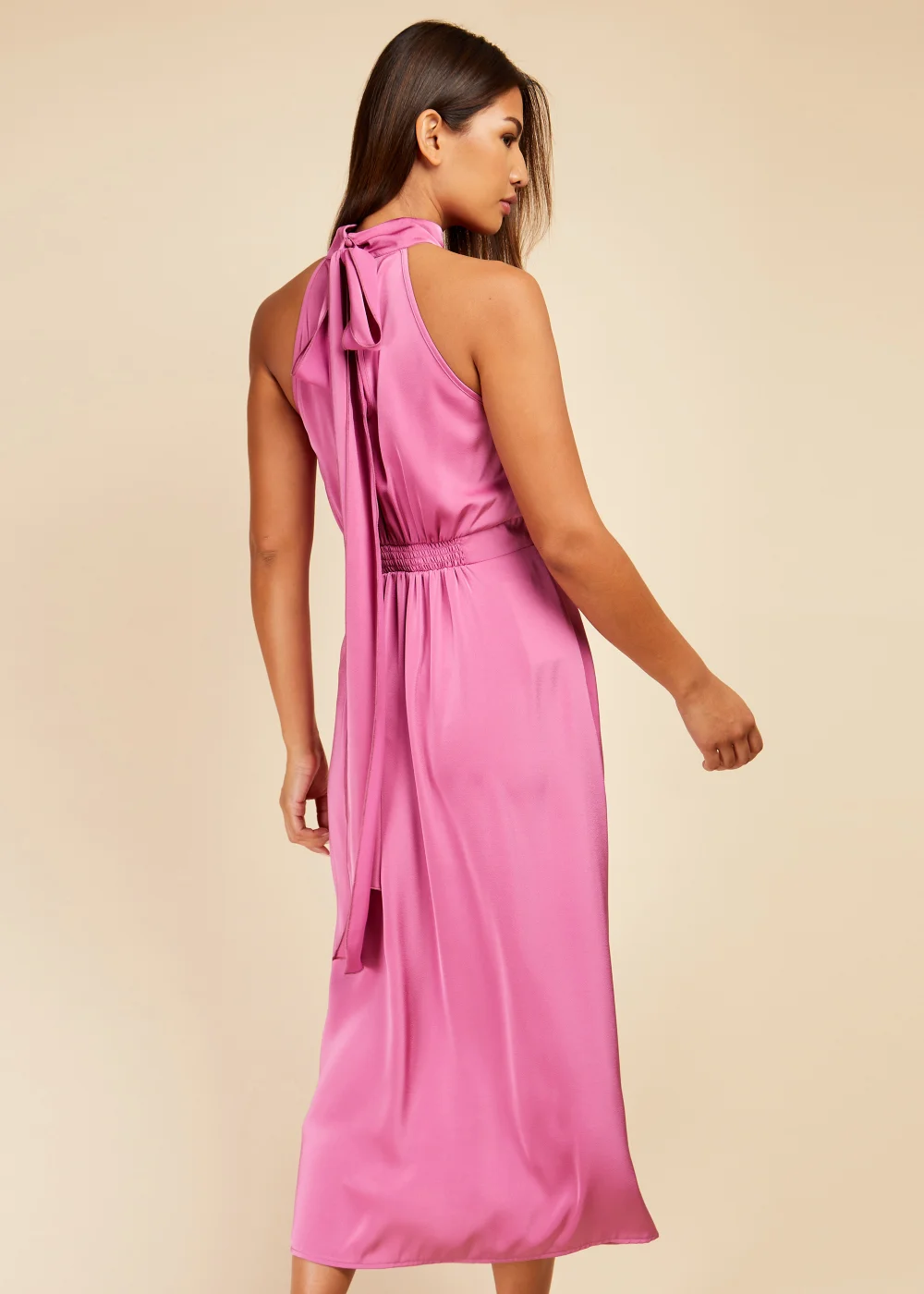 Little Mistress Pink Satin Halter Tie Midaxi Dress - Size 8 Image 2