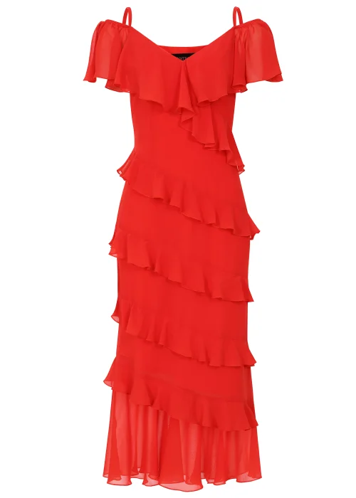 Little Mistress Red Frill Cold Shoulder Midi Dress - 8 Image 5