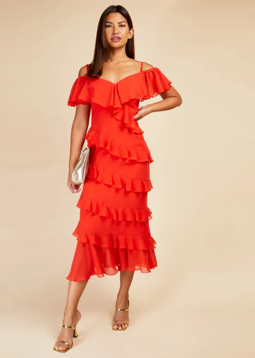 Little Mistress Red Frill Cold Shoulder Midi Dress - 8 Image 1