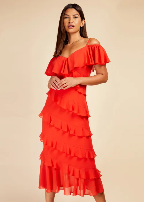 Little Mistress Red Frill Cold Shoulder Midi Dress - 8 Image 4