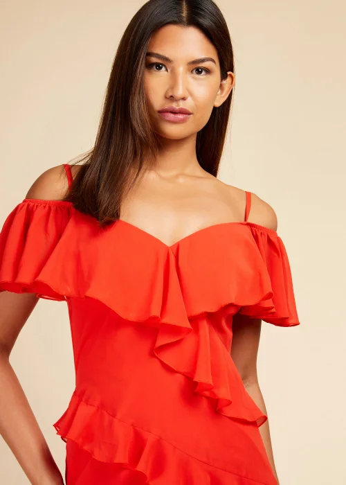 Little Mistress Red Frill Cold Shoulder Midi Dress - 8 Image 3