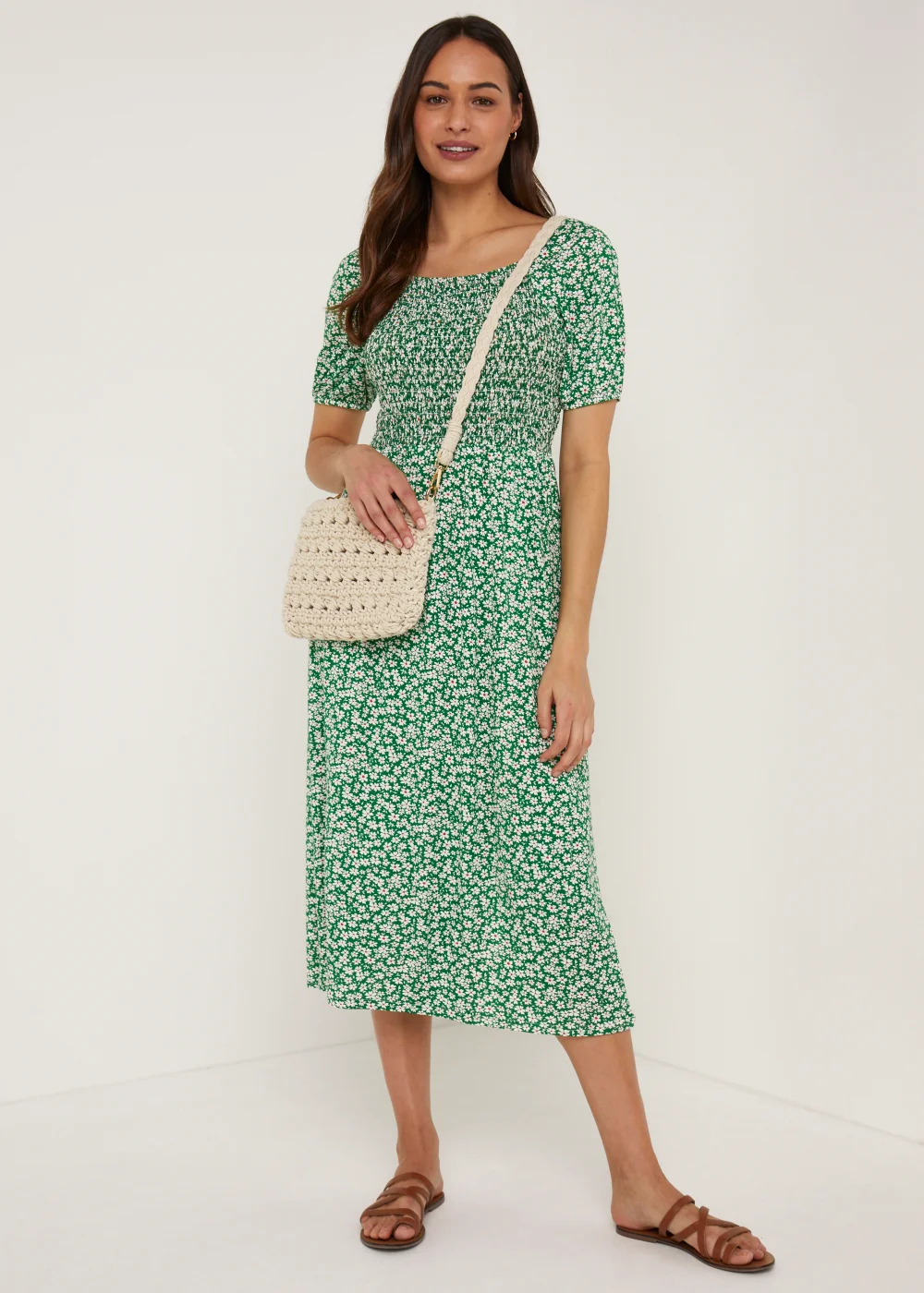 Green Floral Shirred Midi Dress - 8 | Matalan Green Floral Shirred Midi Dress - 8 | Matalan