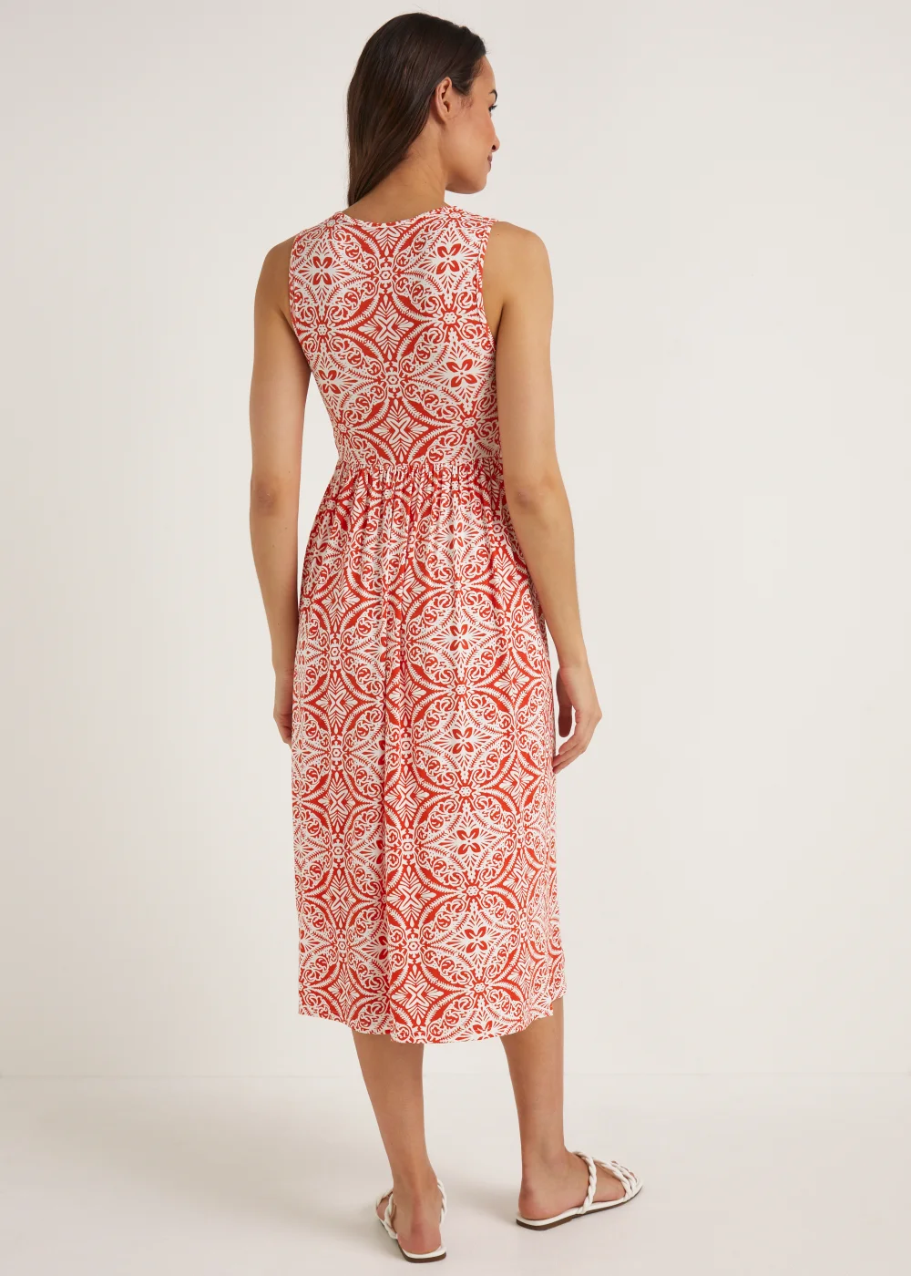 Orange Geo Shirred Sleeveless Midi Dress - 8 Image 2