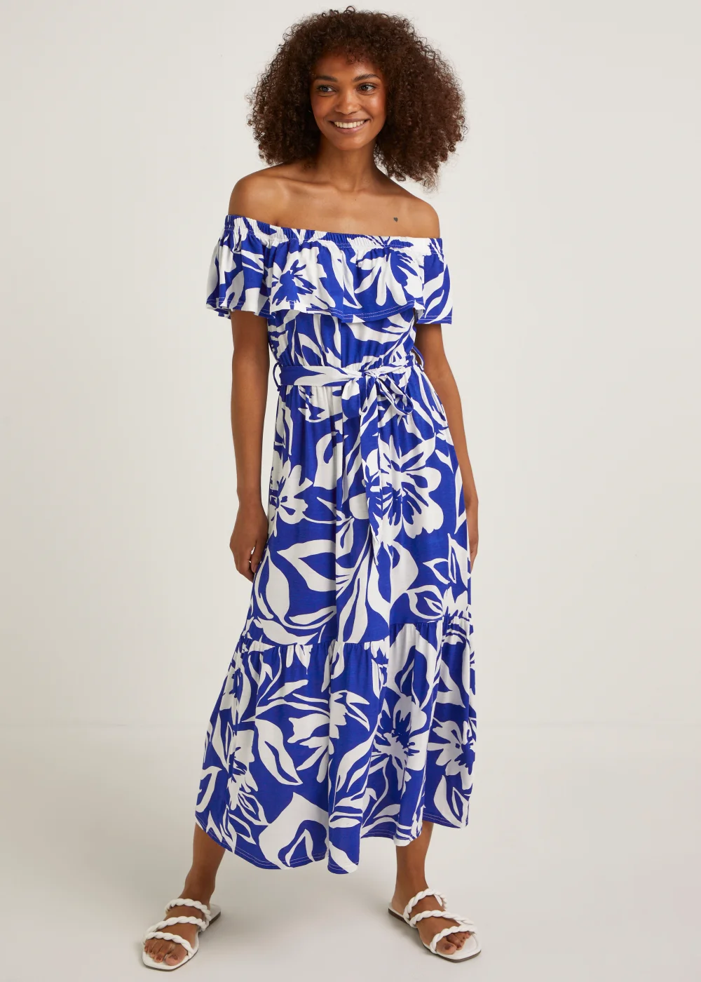 vibrant floral midi dress in blue floral bardot Bardot Midi Dress Vanilla/Navy / M