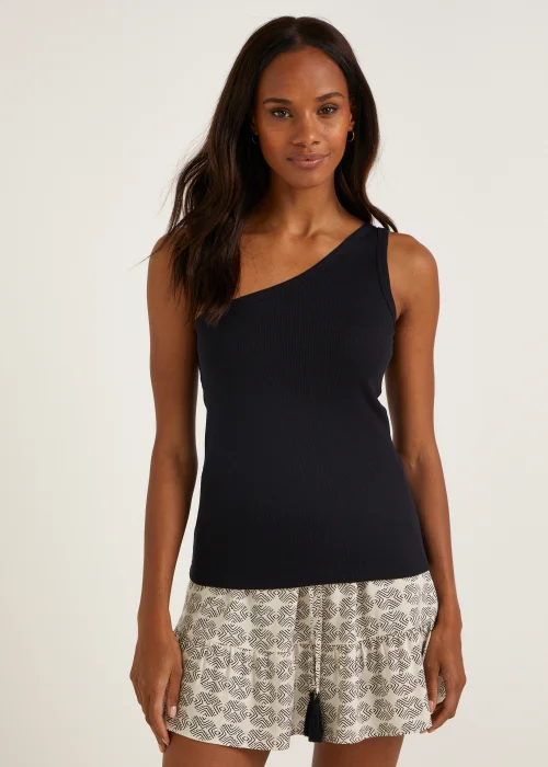 Black Ribbed One Shoulder Vest Top - Size 8 Image 1